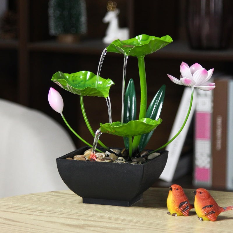 YOQUATE Water Fountain Indoor Waterfall Fountain 3-Tier Tabletop Fountain Lotus Desk Relaxation Home Decor Including Lots of Rocks and Soothing Sound Machine (Green 2) - Image 2